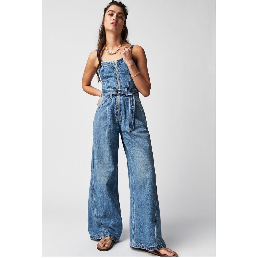 We The Free Free People Denim Wide Leg Jumpsuit Blue Light Wash XL Front Zip